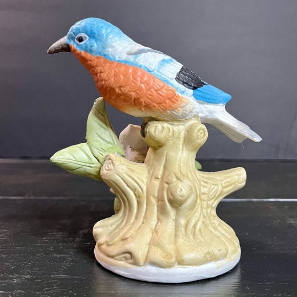 VTG Eastern Blue Bird Ceramic Sitting On A Branch w/ Yellow Flower & Leaves 5” - Picture 6 of 12
